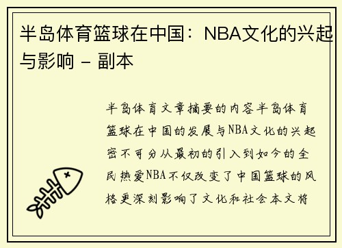 半岛体育篮球在中国：NBA文化的兴起与影响 - 副本